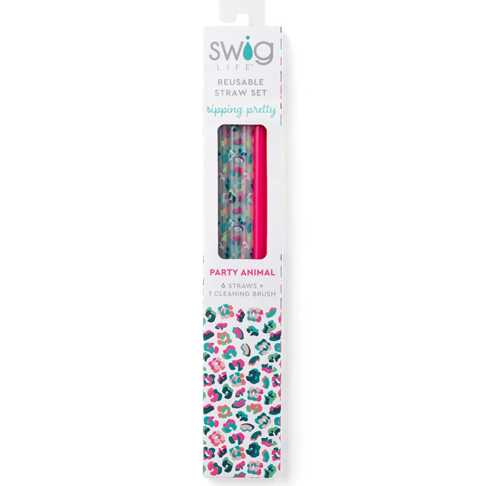 Swig Life Lids, Straws + More^Party Animal + Hot Pink Long Reusable Straw Set -