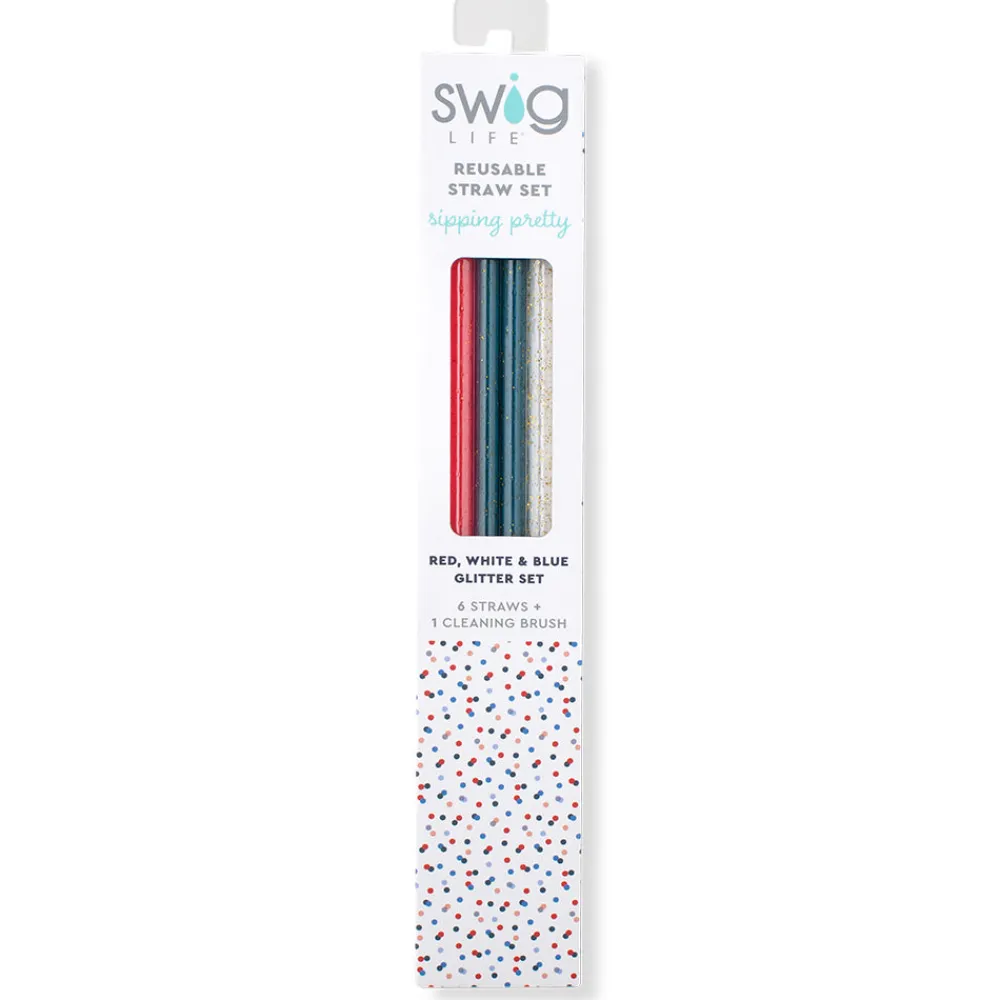 Swig Life Lids, Straws + More|All American^Red, White & Blue Glitter Straw Set -
